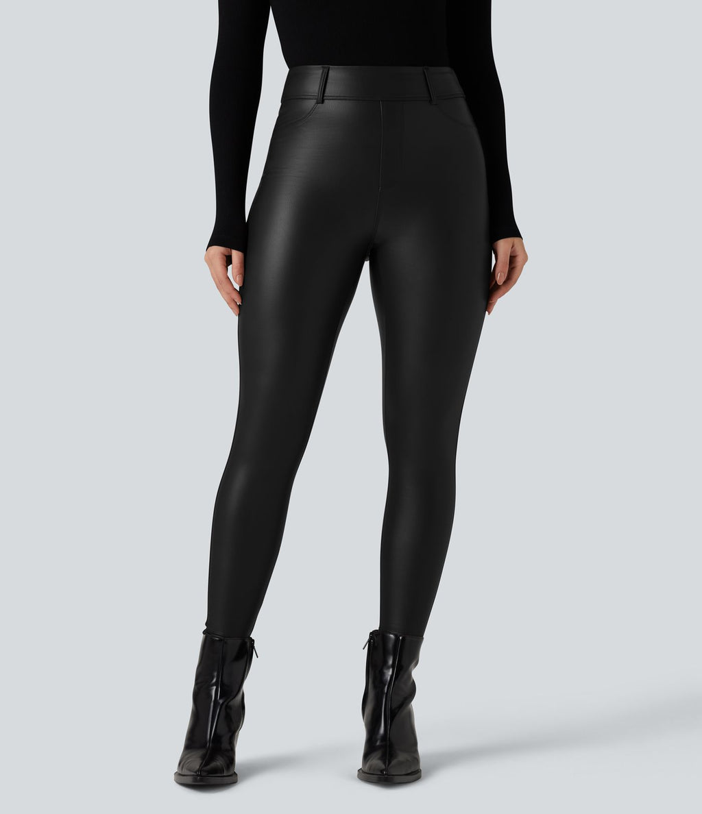 Pantalon polaire simili cuir extensible taille haute avec poches