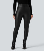 Pantalon polaire simili cuir extensible taille haute avec poches