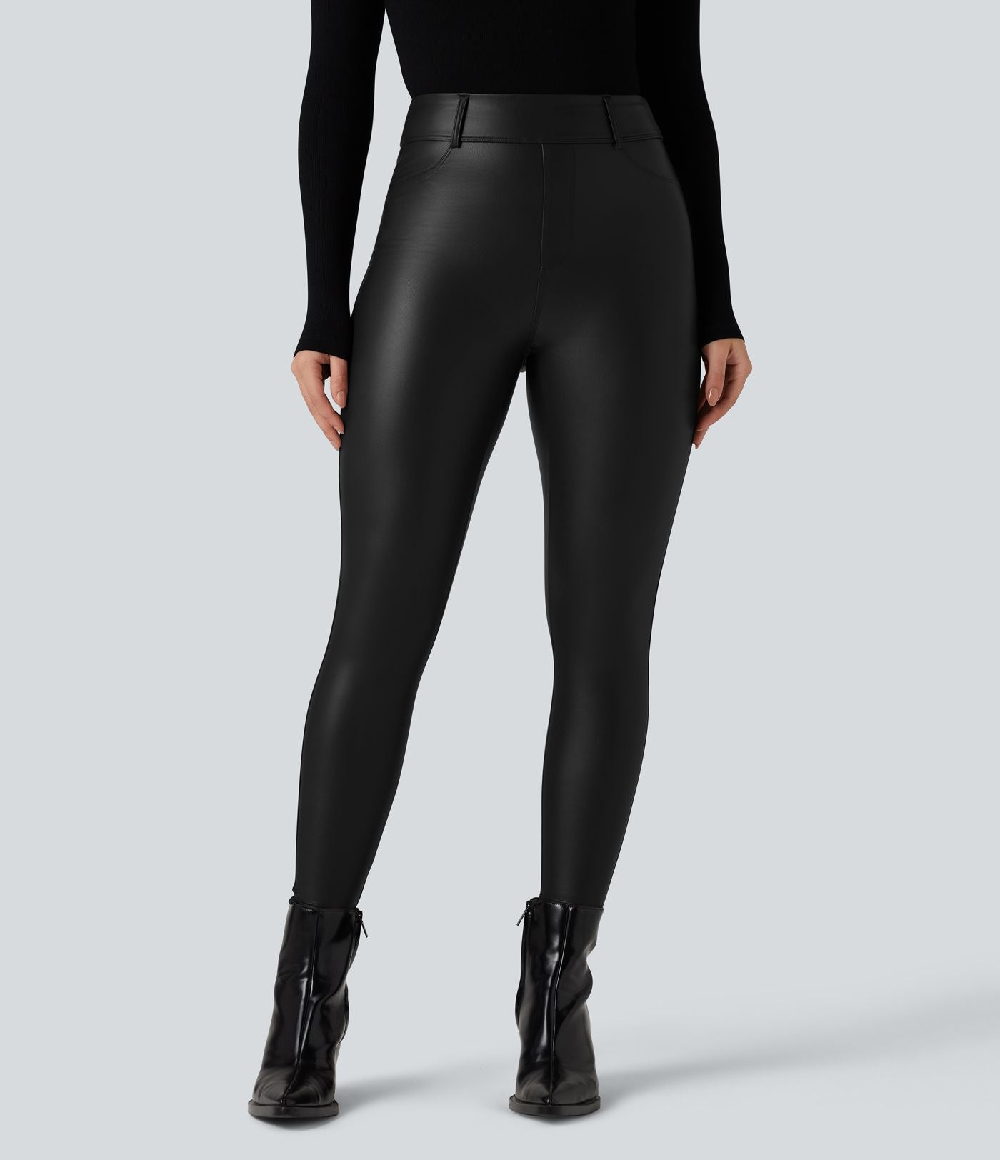 Pantalon polaire simili cuir extensible taille haute avec poches