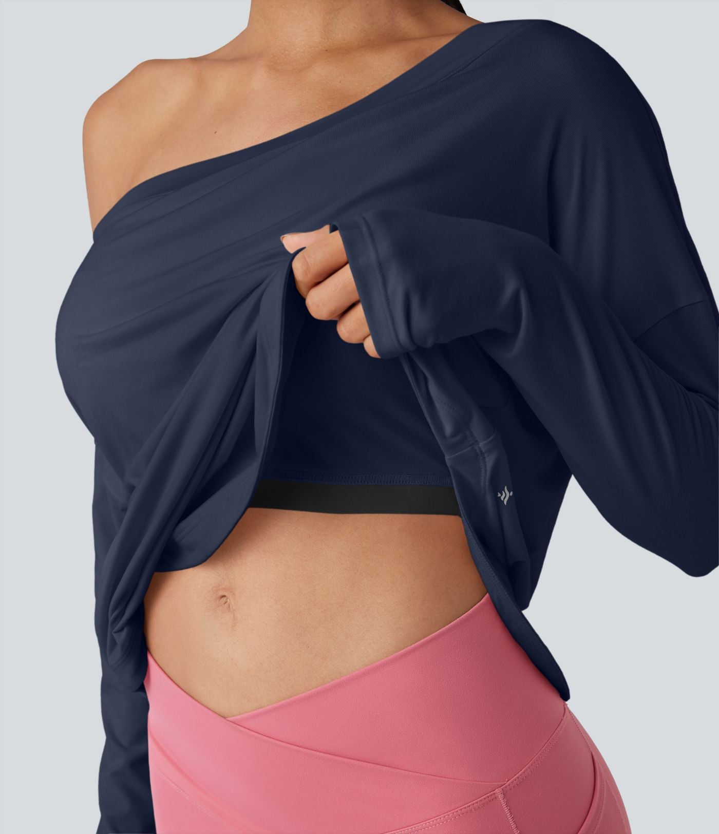 Top de sport yoga une épaule séchage rapide ourlet arrondi asymétrique manches longues avec trous pouces - Brassière intégrée