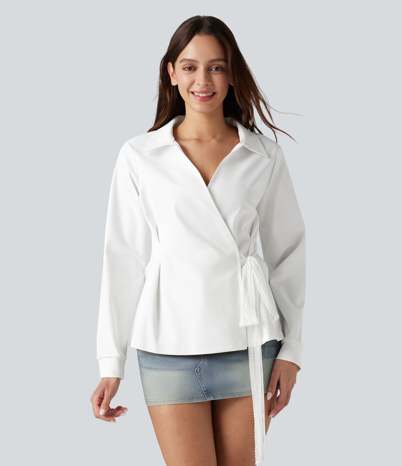 Chemise de travail à manches longues, à lacets contrastés sur les côtés, infroissable et à séchage rapide