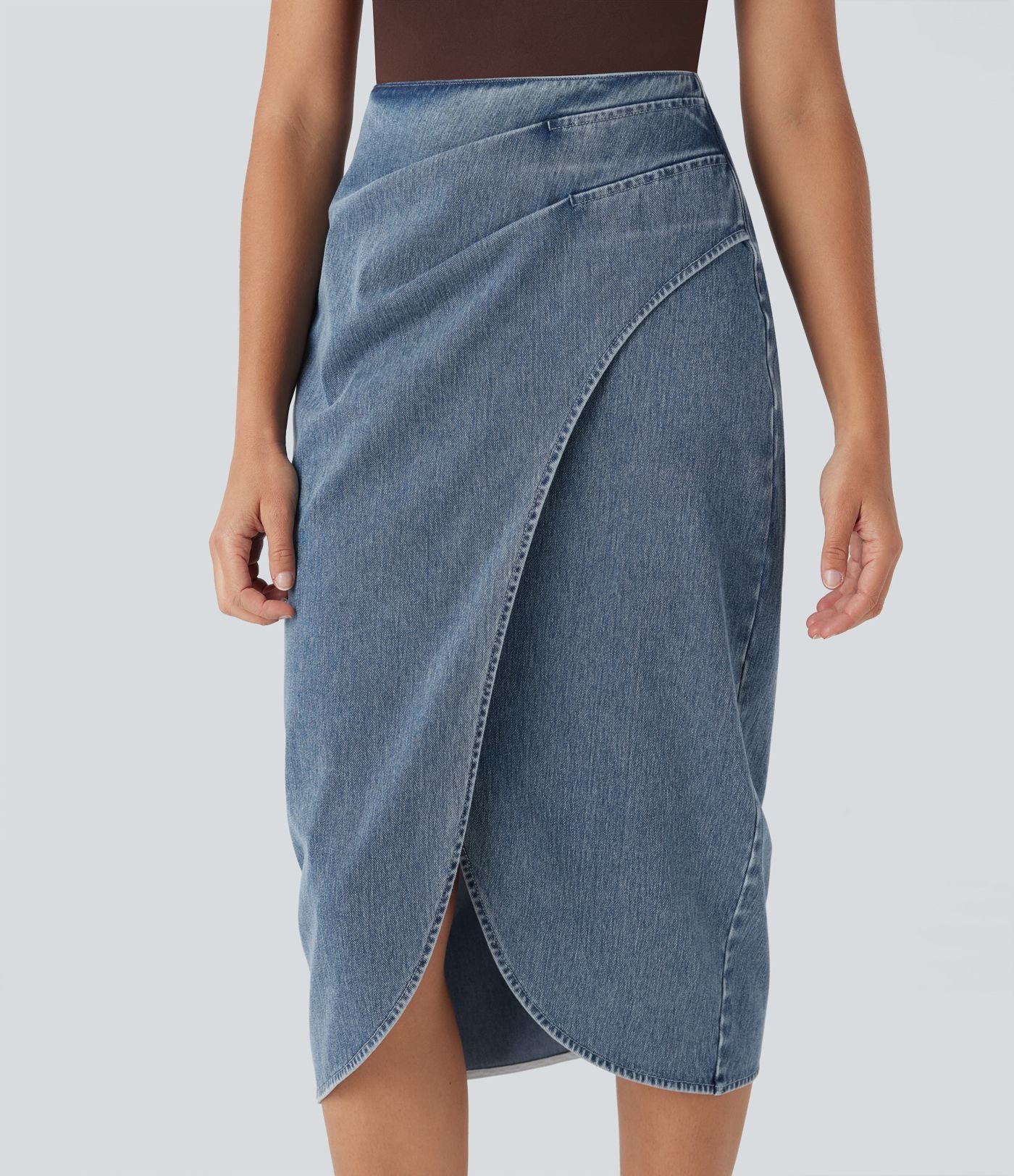 Halara Flex™ Jupe en Jean midi délavé taille haute avec zip dos, effet drapé et ourlet tulipe