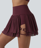 Jupe de danse mini 2-en-1 en mesh respirant à volants et ourlet asymétrique taille haute avec poches