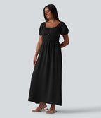 Robe longue fluide et décontractée en lin, à col carré, manches bouffantes, soutien-gorge intégré froncé et poches