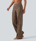 Pantalon de yoga droit taille haute Halara UltraSculpt™ léopard avec dentelle contrastée et poches
