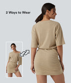 Robe mini moulante décontractée en maille côtelée, col V, manches courtes, froncée