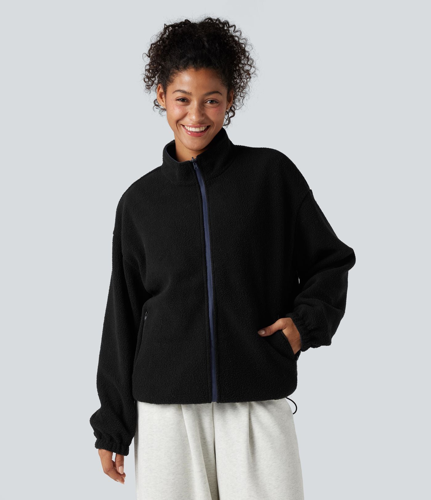 Veste polaire randonnée réversible col montant fermeture éclair manches longues avec poches (Deux looks en un)