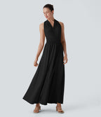Robe longue de soirée col V, manches courtes, dos croisé à nouer, fendue avec poche latérale