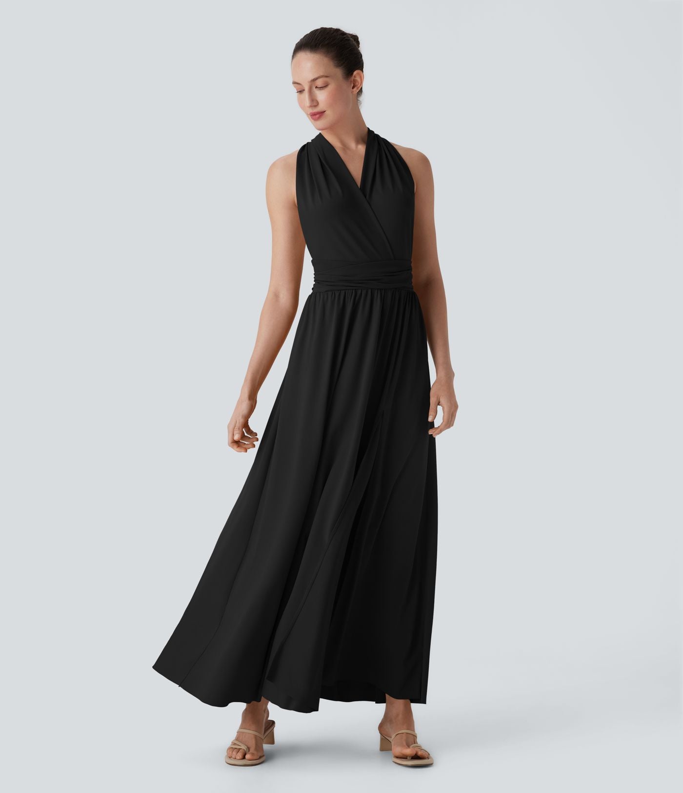 Robe longue de soirée col V, manches courtes, dos croisé à nouer, fendue avec poche latérale