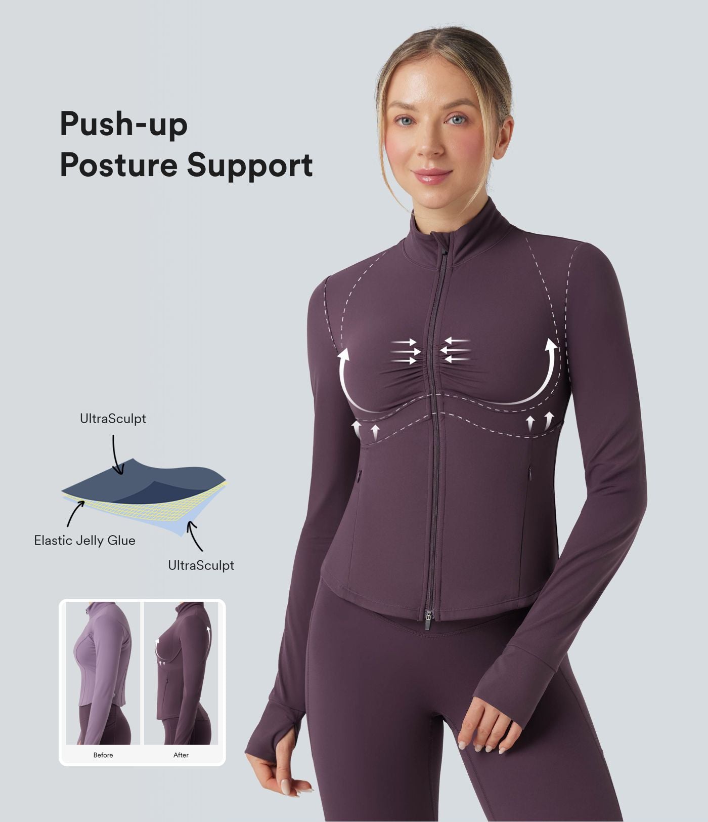 Veste de yoga Halara UltraSculpt™ col montant froncée push-up manches longues à trous pouces avec poches