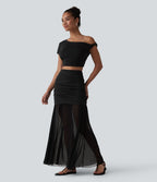 Jupe longue décontractée 2-en-1 taille haute froncée en tulle fluide
