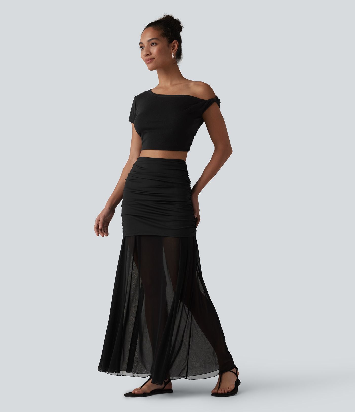 Jupe longue décontractée 2-en-1 taille haute froncée en tulle fluide