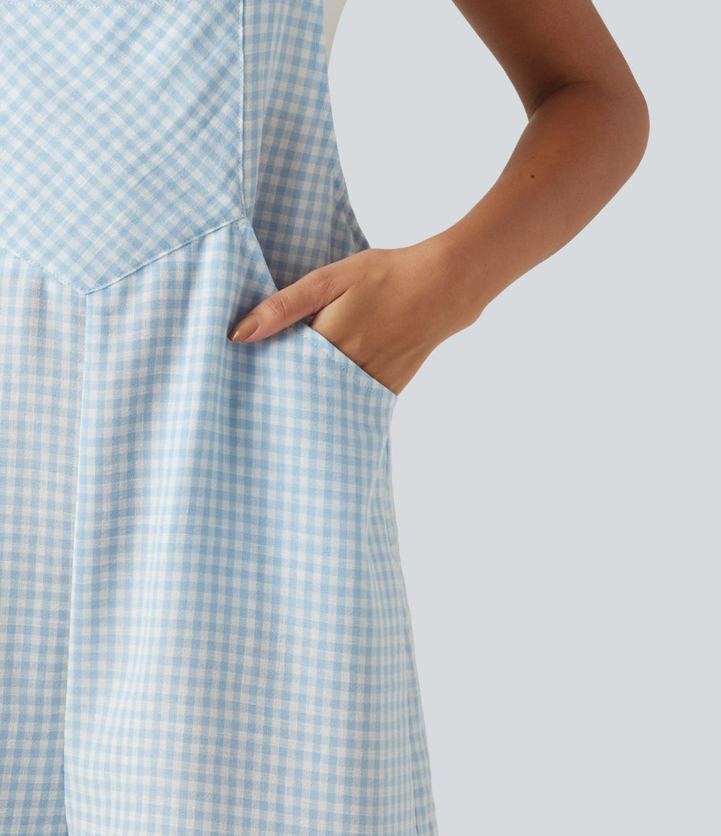 Salopette-short casual effet lin à carreaux avec poches