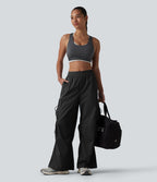 Pantalon cargo bootcut de sport taille mi-haute avec fronces et liens et poches