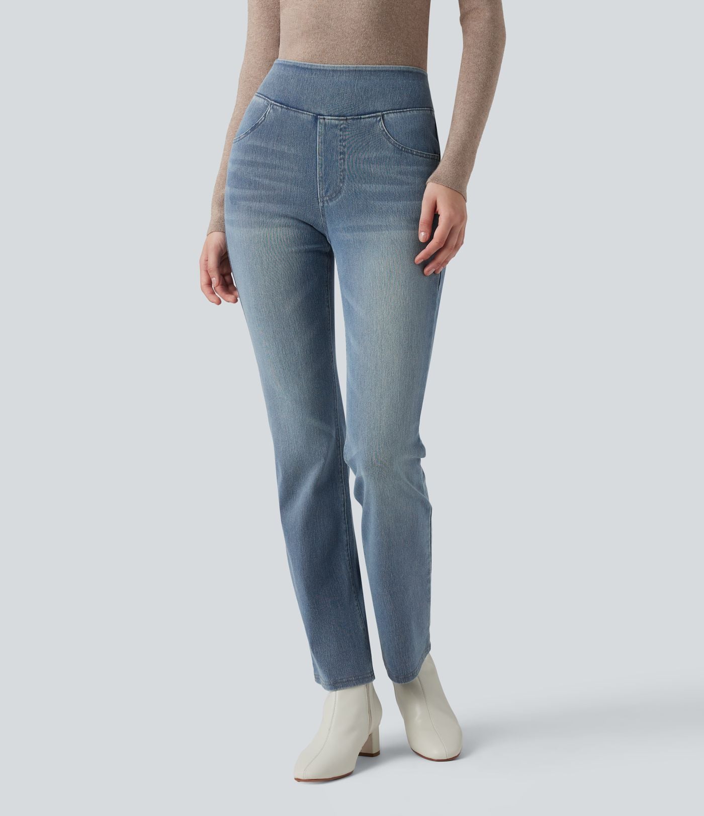 Halara Flex™ Jean bootcut décontracté extensible délavé taille haute à poches multiples