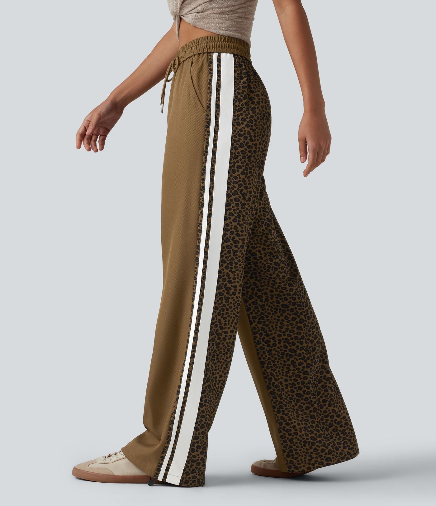 Pantalon ample décontracté taille mi-haute avec cordon de serrage color block rayures léopard contrastant avec poches