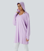 Sweatshirt Casual à Capuche Encolure en V Cordon de Serrage Trou pour le Pouce Fente et Coupe Longue