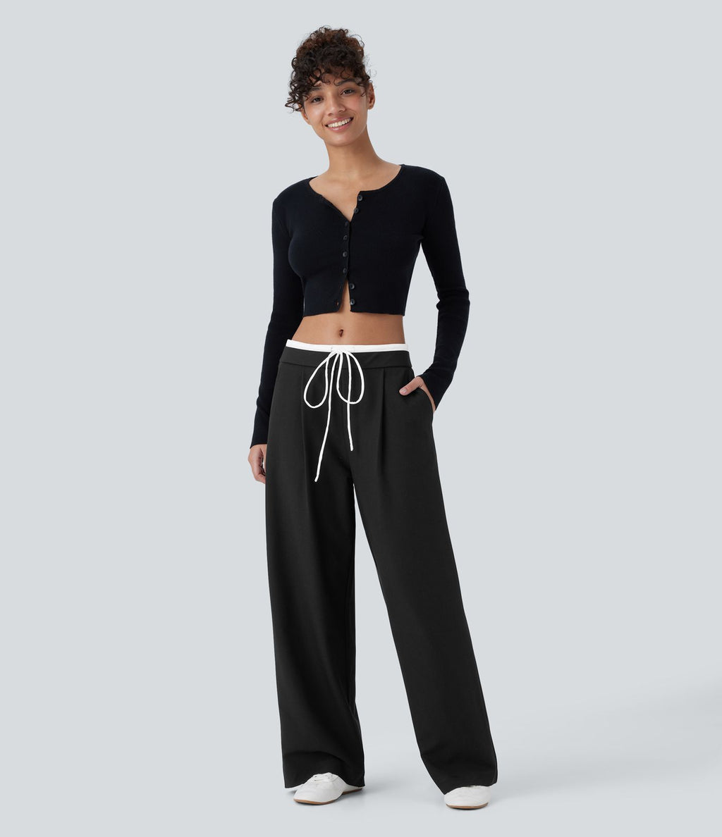 Pantalon décontracté jambe large bicolore double épaisseur, taille basse avec poches latérales