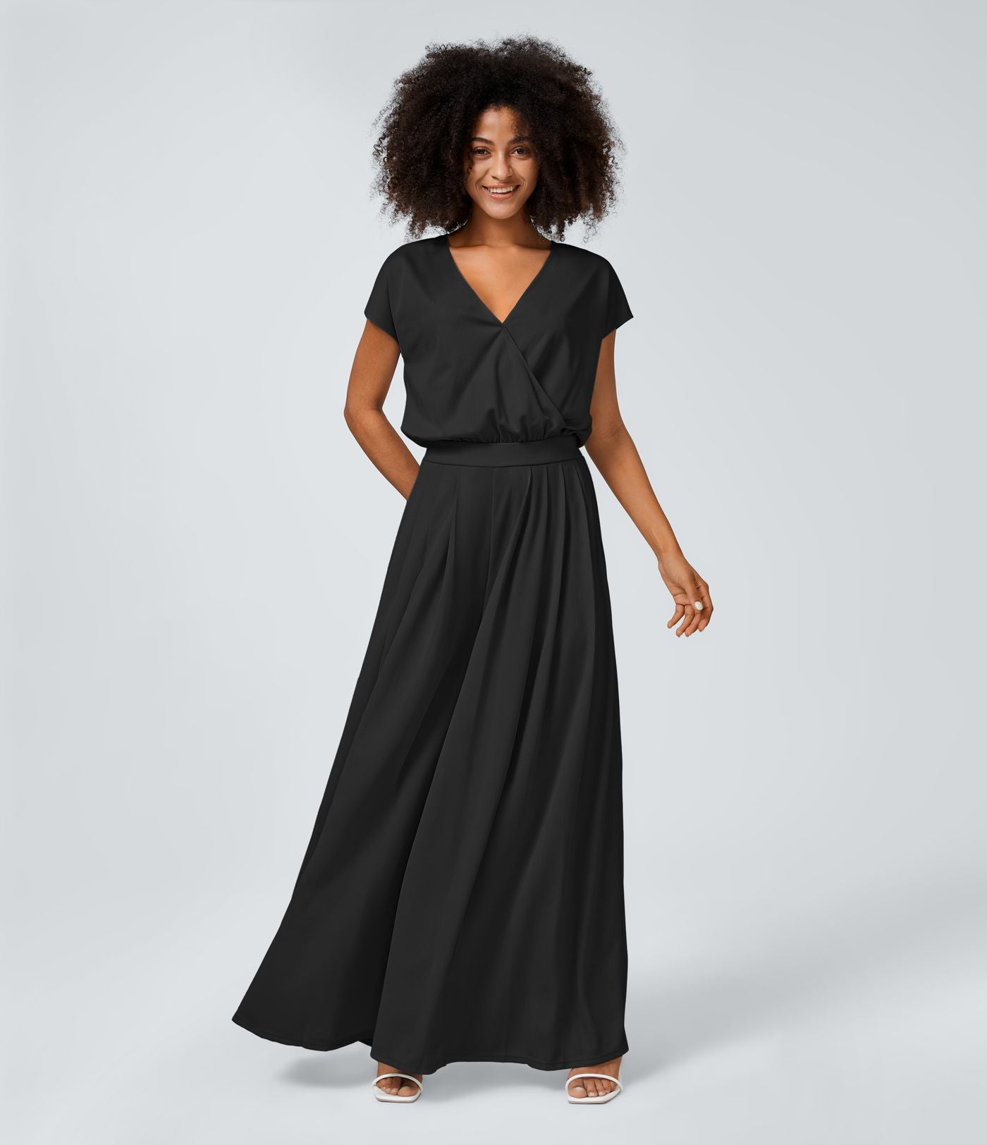 Combinaison Casual Col en V Jambes Large Plissée Manches Courtes Poche Latérale Gaufrée Fluide