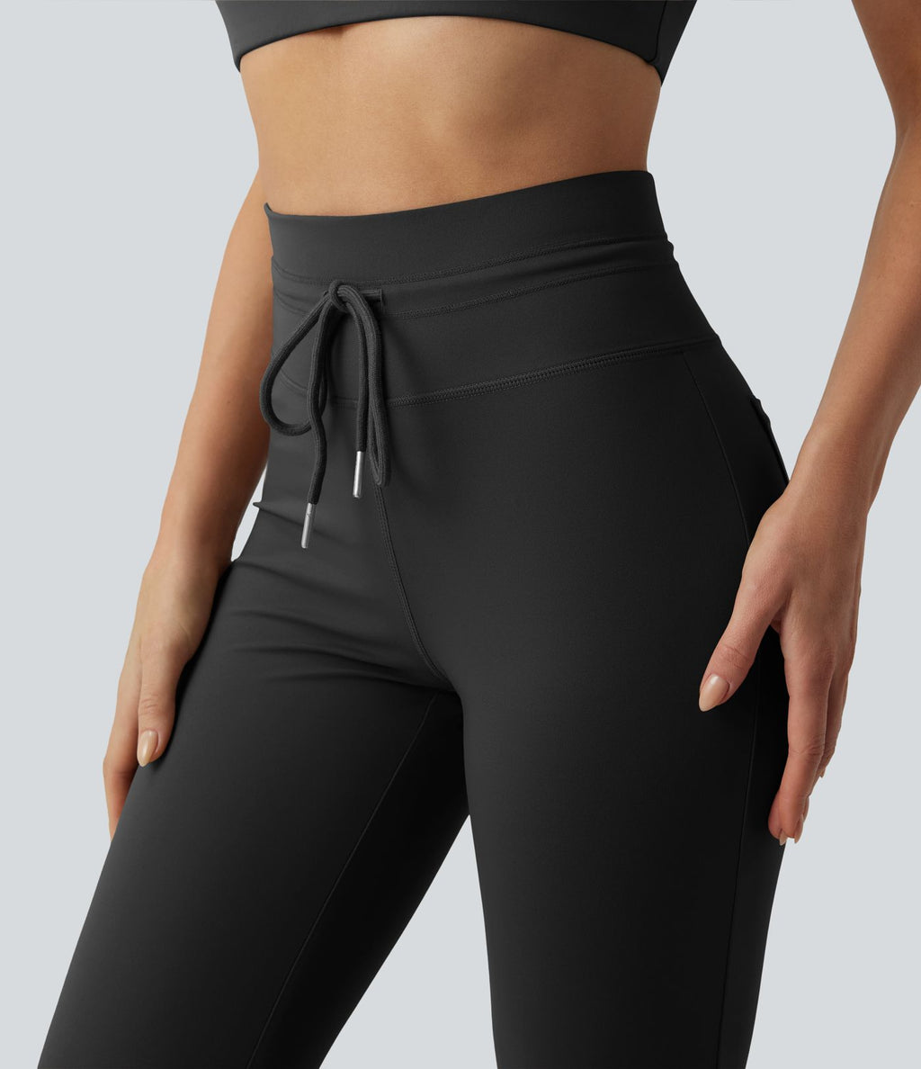 Pantalon de yoga évasé taille haute avec cordon de serrage uni et poches