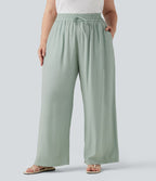 Pantalon large grande taille taille haute avec cordon de serrage et poches
