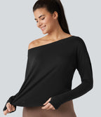 Top de sport yoga asymétrique une épaule manches longues avec trou pour le pouce, ourlet arrondi asymétrique et séchage rapide