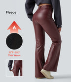 Pantalon évasé décontracté taille haute en tissu enduit doublé polaire extensible avec poches