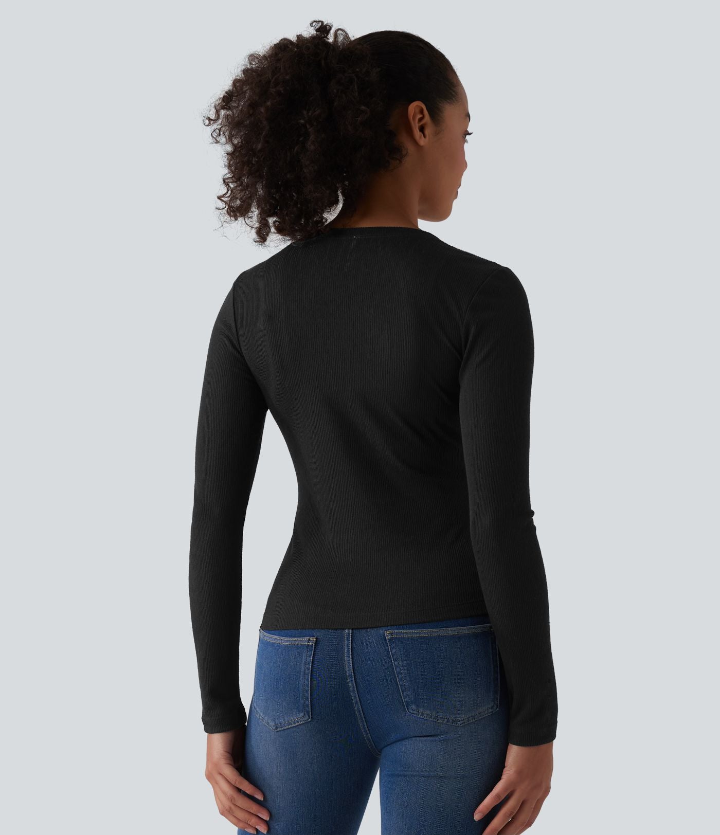T-shirt décontracté maille côtelée semi-transparent col rond manches longues