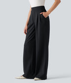 Pantalon tailleur large taille haute à rayures avec boutons décoratifs et poches