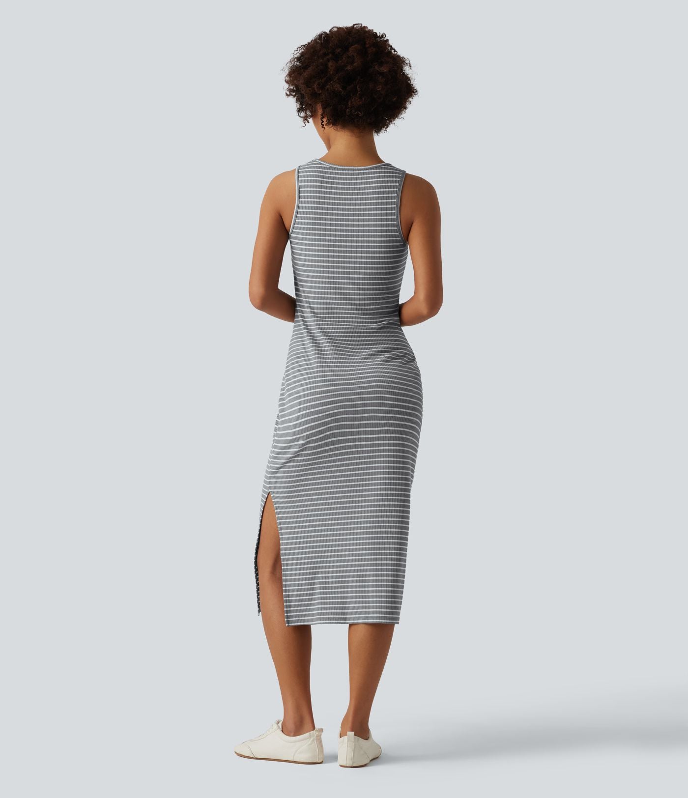 Robe midi moulante casual col rond sans manches à rayures