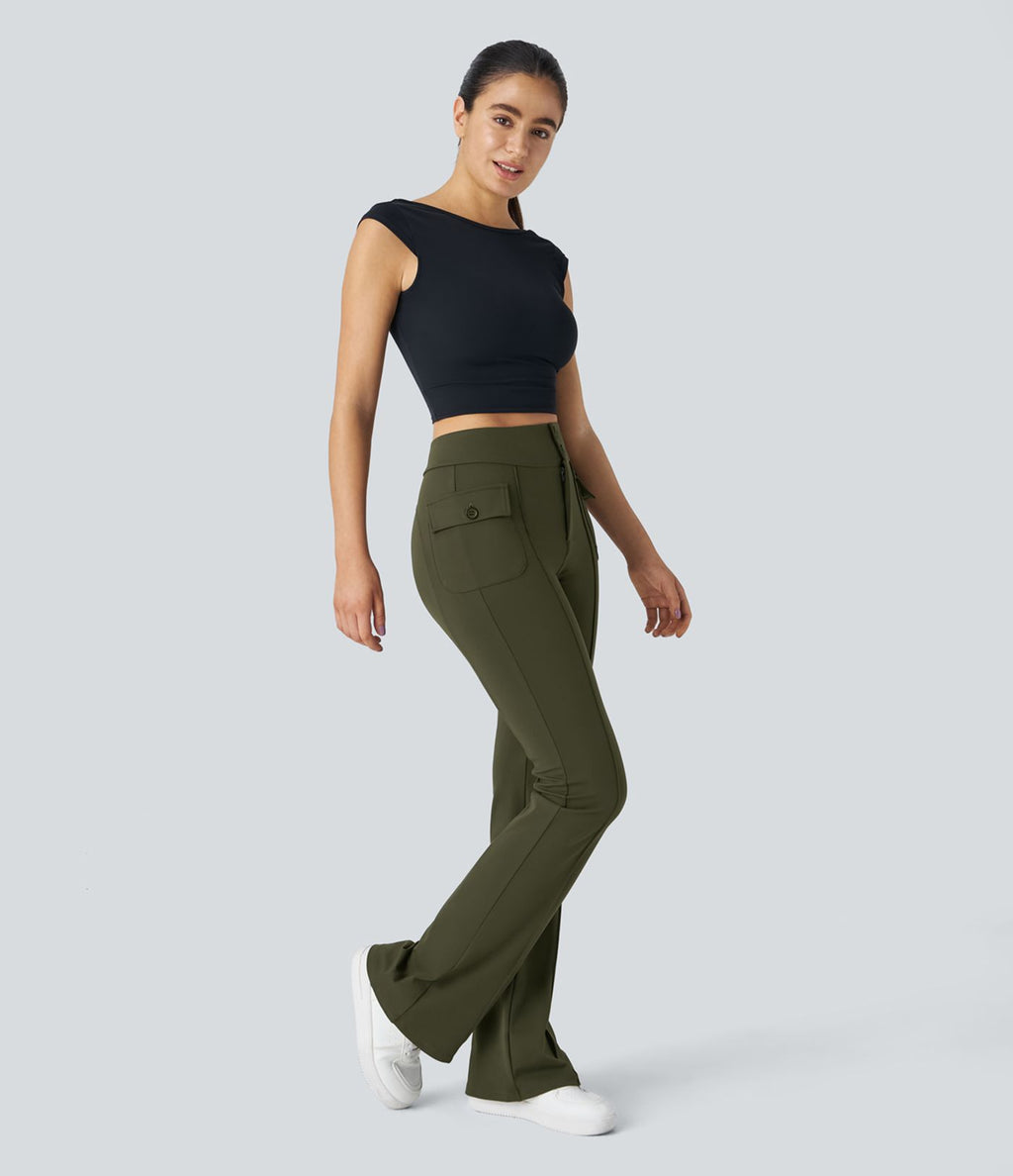 Pantalon cargo décontracté évasé taille haute avec poches à rabat latérales