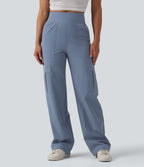 Pantalon décontracté coupe droite taille haute avec poches