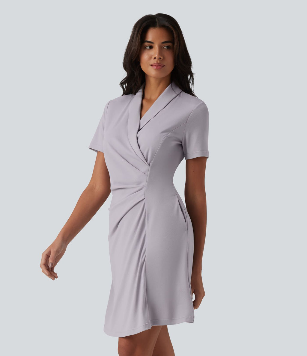 Robe tailleur courte col châle manches courtes