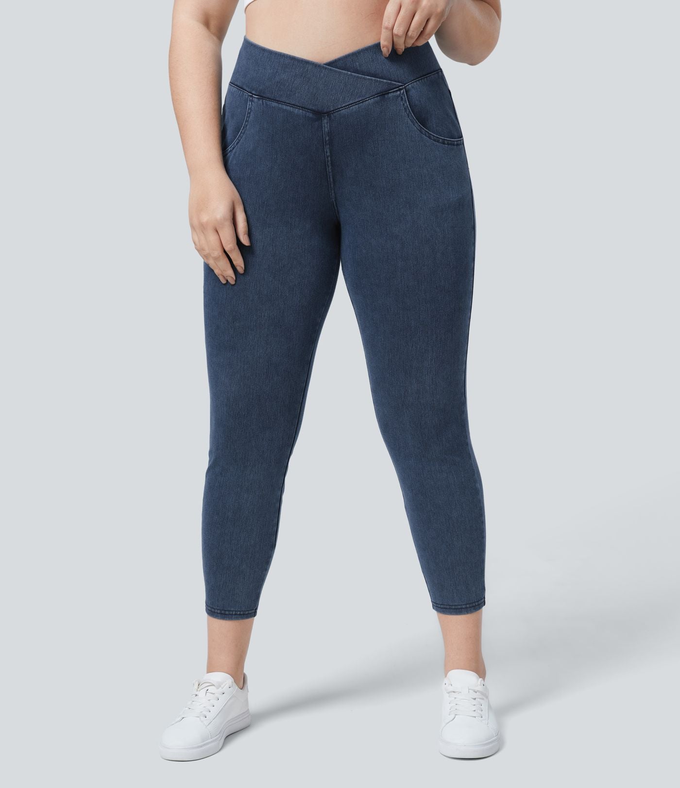 Halara Flex™ Legging Travail  7/8 Taille Croisée en Denim Tricot Extensible Taille Haute Poches Multiples Grande Taille