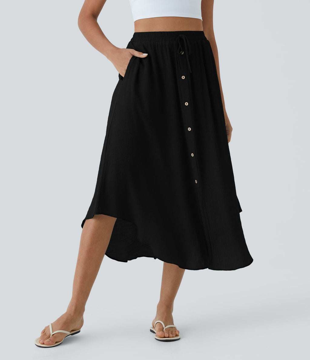 Jupe Midi Fluide Taille Haute Cordon de Serrage Boutonnés Poches Latérales
