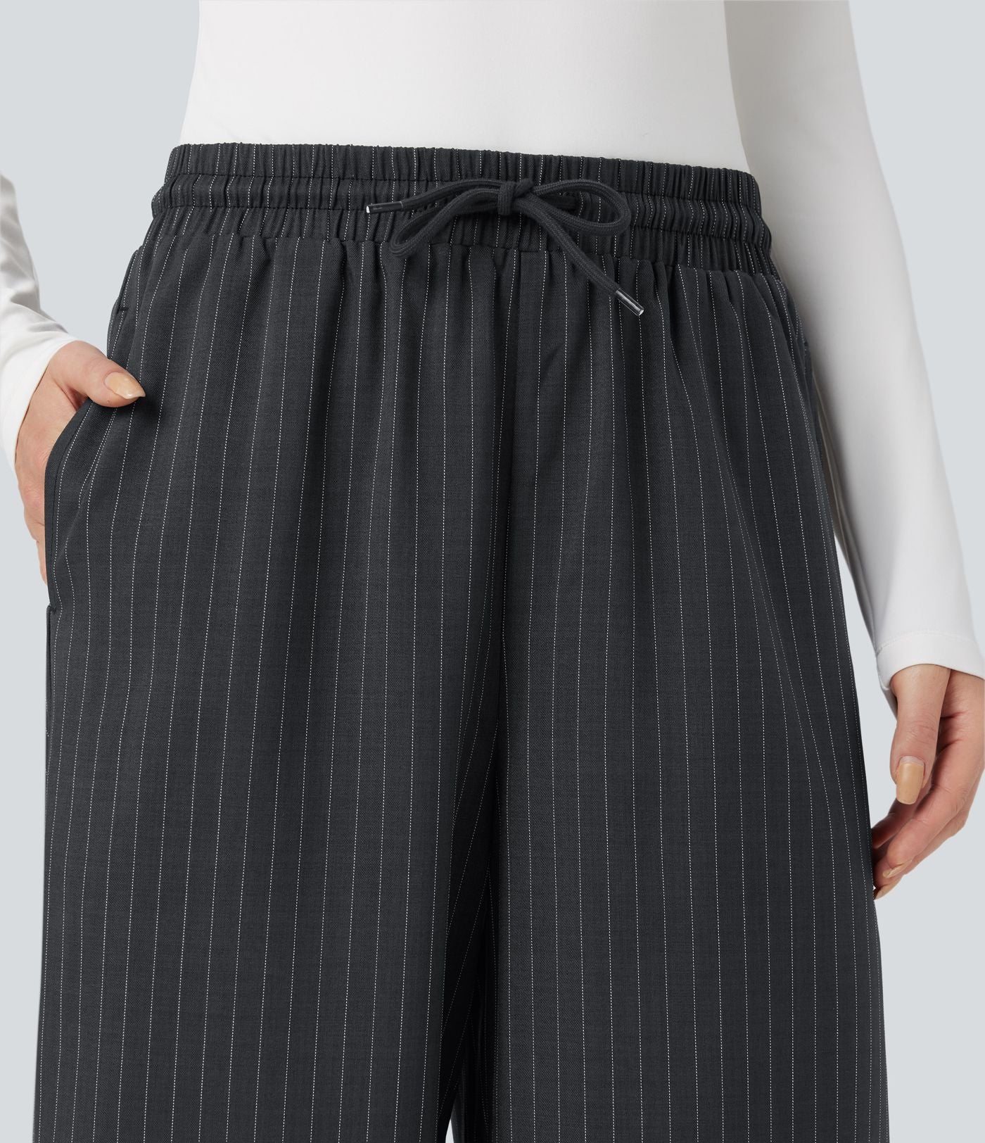 Pantalon décontracté large rayé taille haute avec cordon et poches