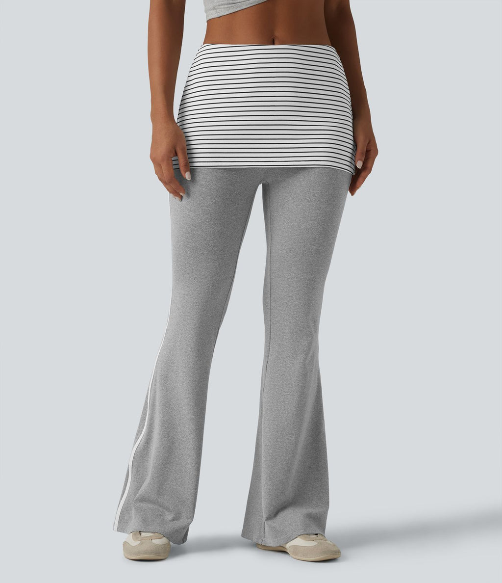 Pantalon évasé casual taille mi-haute à rayures avec ceinture repliable