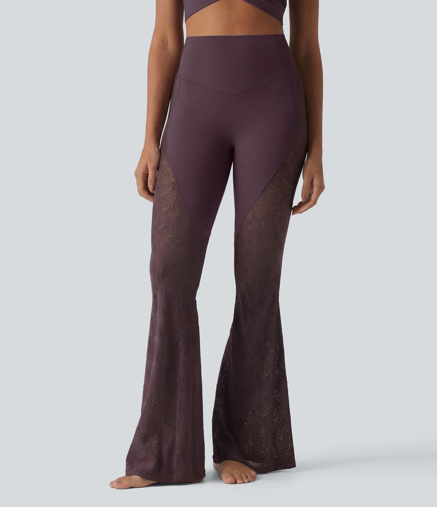 Pantalon de yoga évasé gainant taille haute avec dentelle contrastée et poche Halara UltraSculpt™