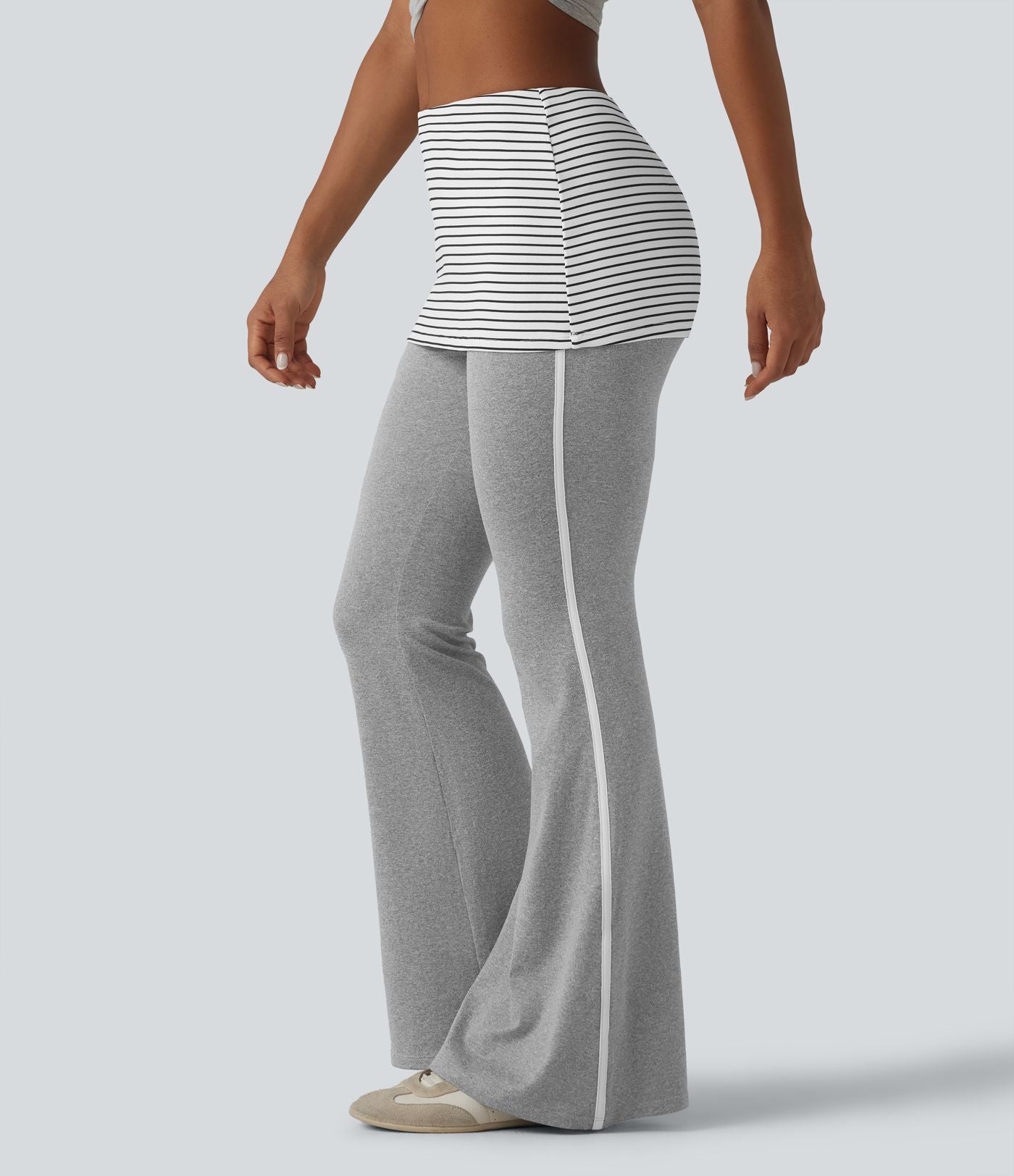 Pantalon évasé casual taille mi-haute à rayures avec ceinture repliable