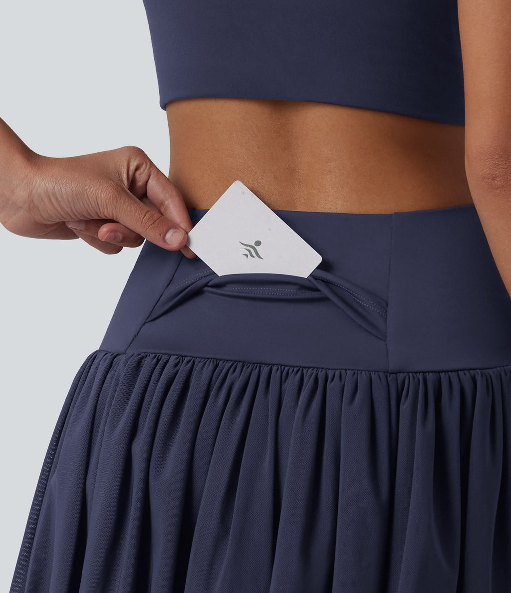 Jupe de danse mini 2-en-1 en mesh respirant à volants et ourlet asymétrique taille haute avec poches