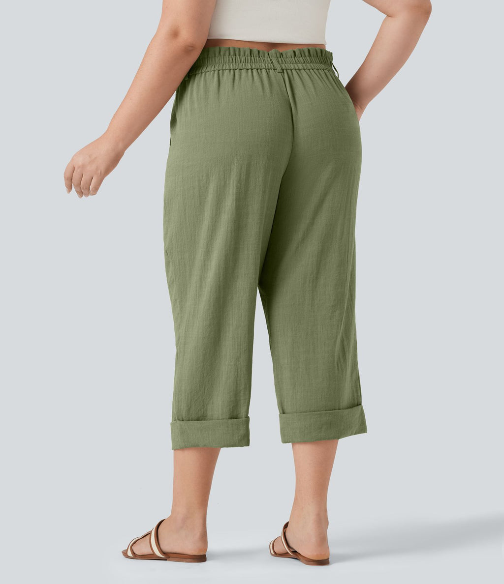 Pantalon de villégiature capri effet lin, grande taille, taille haute, avec poches