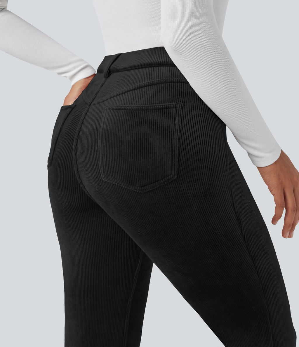 Pantalon évasé décontracté en velours côtelé molleton taille haute gainant avec poches