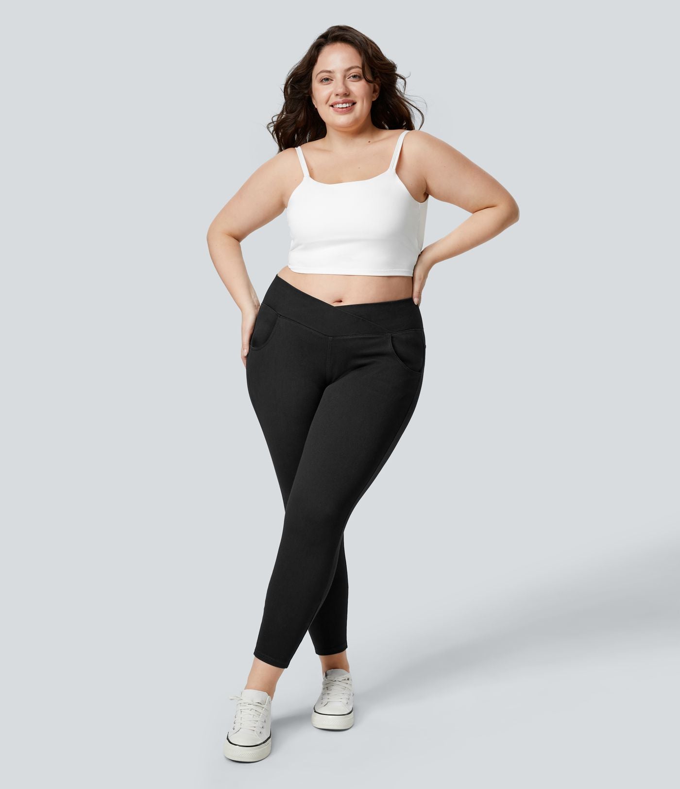 Halara Flex™ Legging Travail  7/8 Taille Croisée en Denim Tricot Extensible Taille Haute Poches Multiples Grande Taille