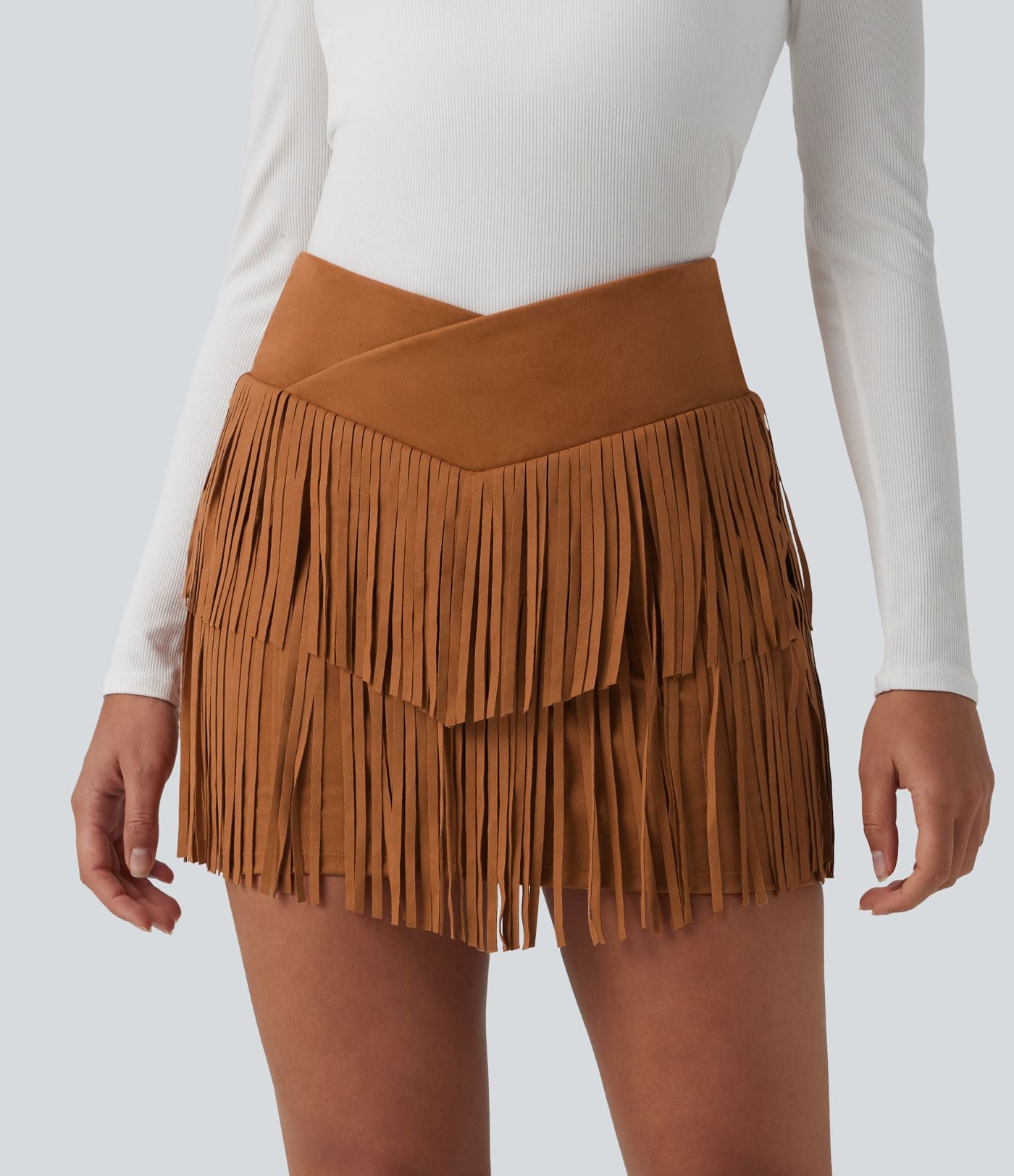 Jupe mini de soirée ajustée effet daim taille haute croisée 2-en-1 à franges