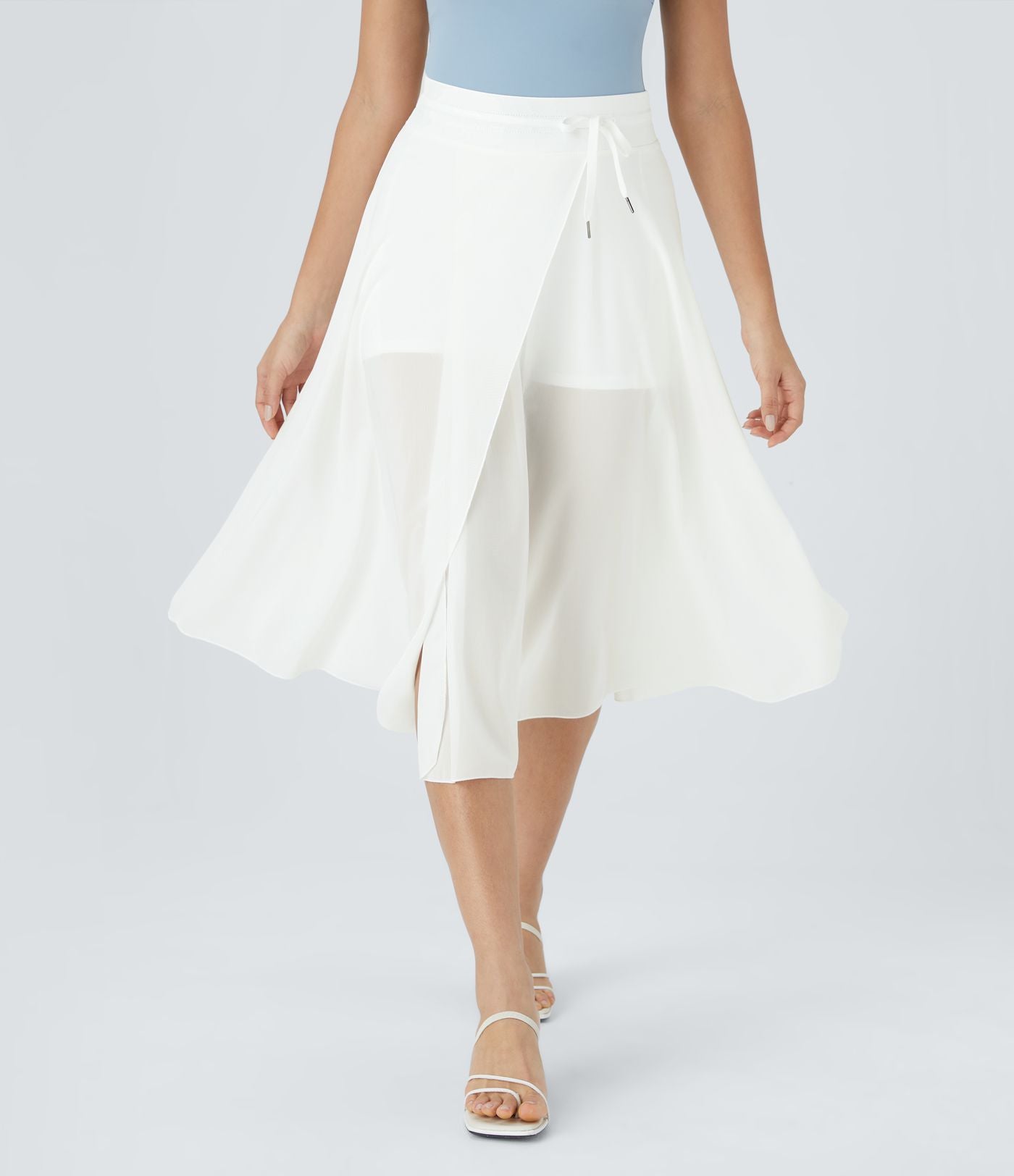 Jupe Casual Évasée Mesh Mi-Longue Fuide 2 en 1 Contrastée Taille Haute Cordon Poche Latérale