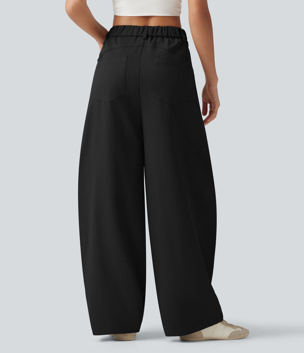 Pantalon casual taille mi-haute coupe barrel avec poches