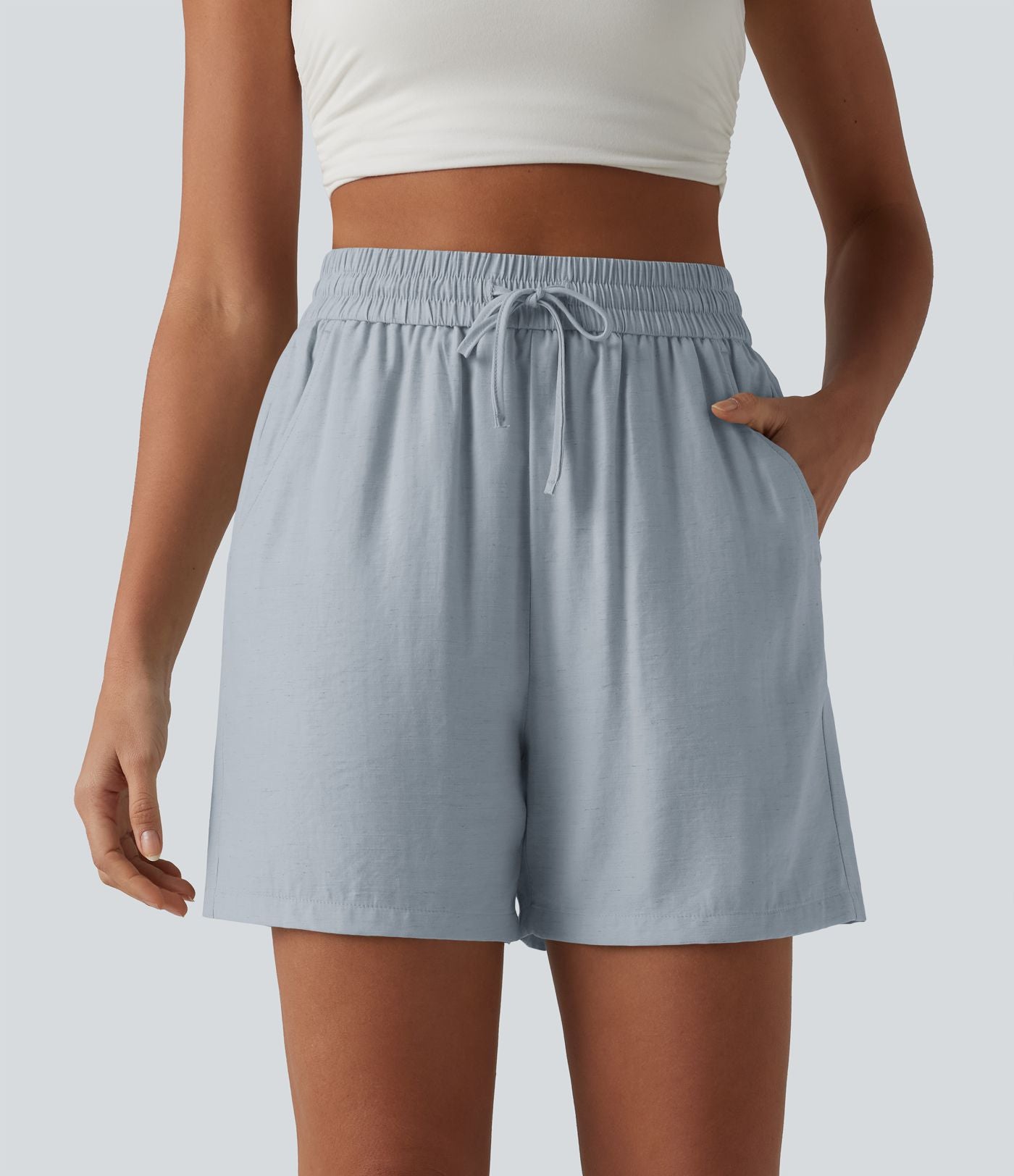Short décontracté ample en lin mélangé taille haute avec cordon de serrage, 12,5 cm, et poches