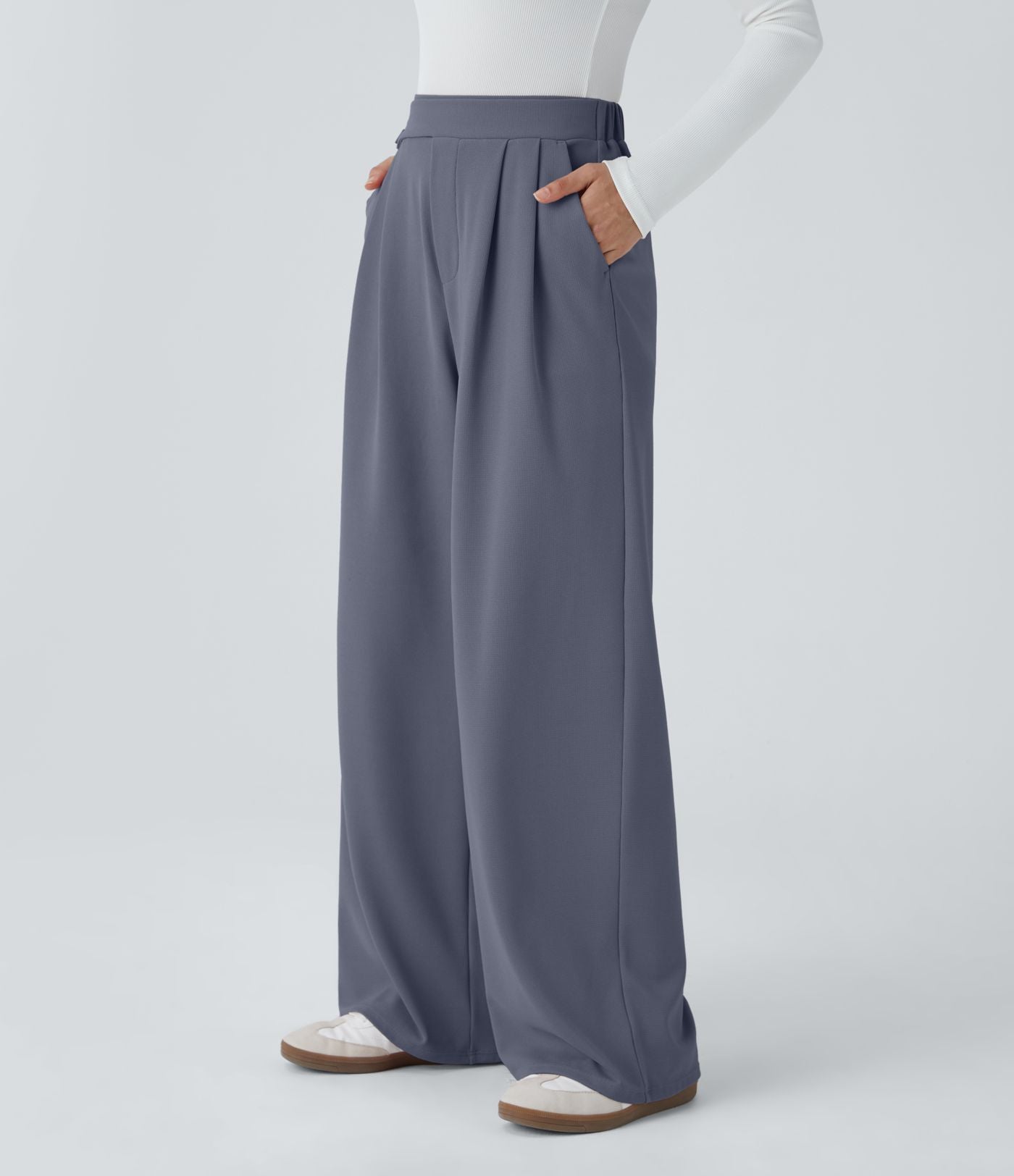 Pantalon taille haute décontracté large en maille gaufrée, avec poches