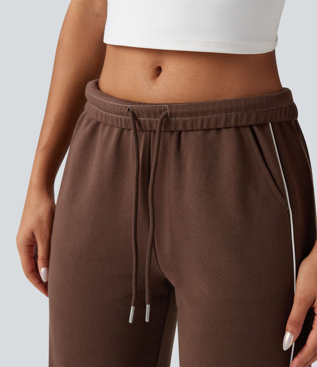 Pantalon jogging coton coupe droite taille mi-haute color block avec cordon de serrage et poches