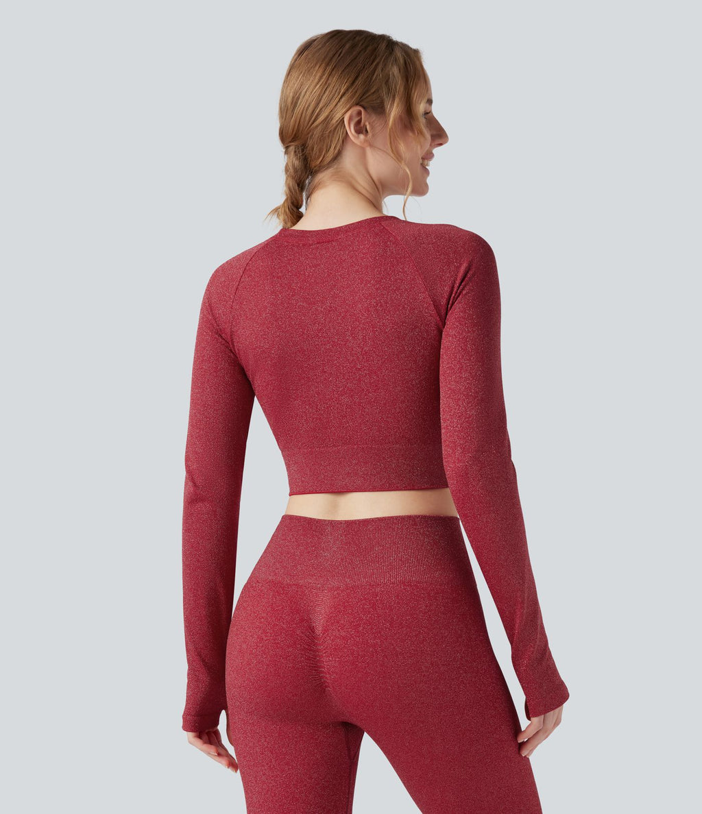 Crop top OneForm Seamless Flow, manches longues, col rond, effet sparkle avec passe-pouces